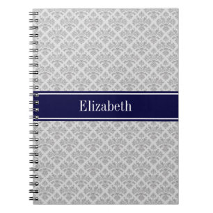 Cuaderno Gris sobre Damasco gris #3 Monograma nombre azul d