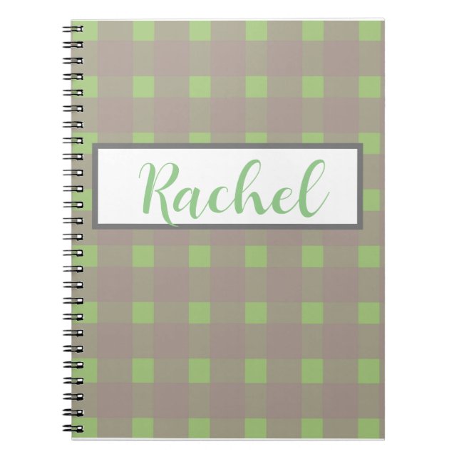 Cuaderno Gris verde Gingham personalizado (Frente)