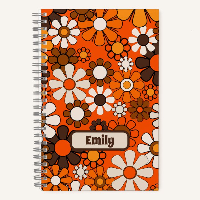 Cuaderno Groovy Retro Naranja marrón floral personalizada d (Anverso)