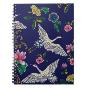 Cuaderno Grúas, olas y flores japonesas. Embroidery ill