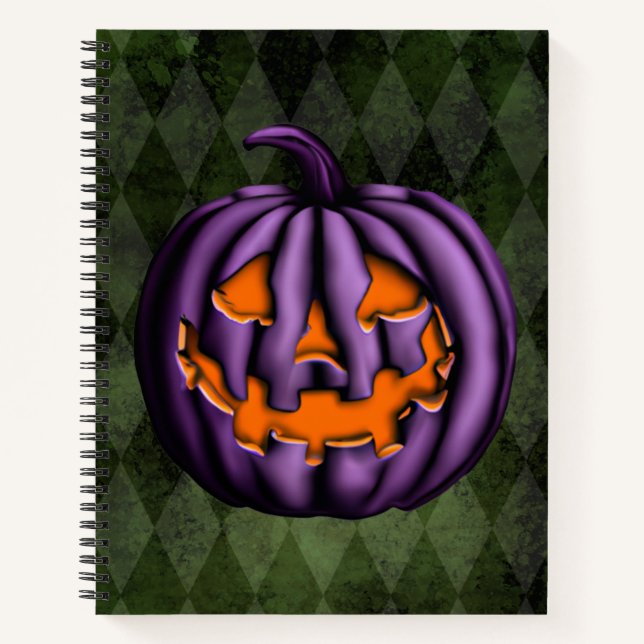 Cuaderno Grunge verde de calabaza morada de Halloween (Anverso)