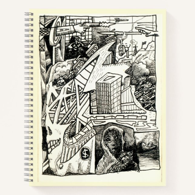 Cuaderno "Guerra moderna", dibujo de tinta para bloc de not (Anverso)
