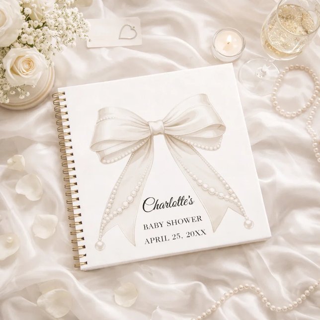 Cuaderno Guest book Baby Shower bow ivory white pearls (Subido por el creador)