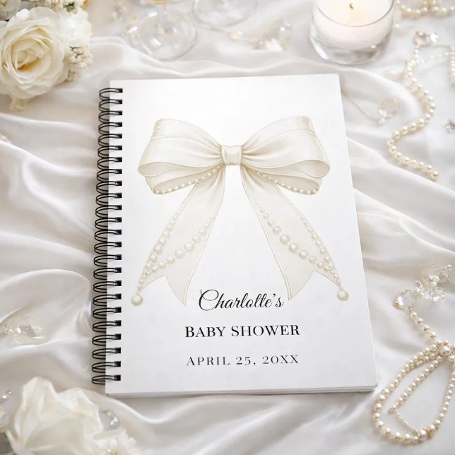 Cuaderno Guest book Baby Shower bow ivory white pearls (Subido por el creador)