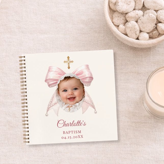 Cuaderno Guest Book Baptism Pink Bow Ivory Girl Photo (Subido por el creador)