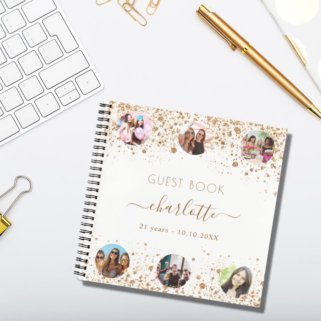 Cuaderno Guest book birthday white gold glitter name photo (Subido por el creador)