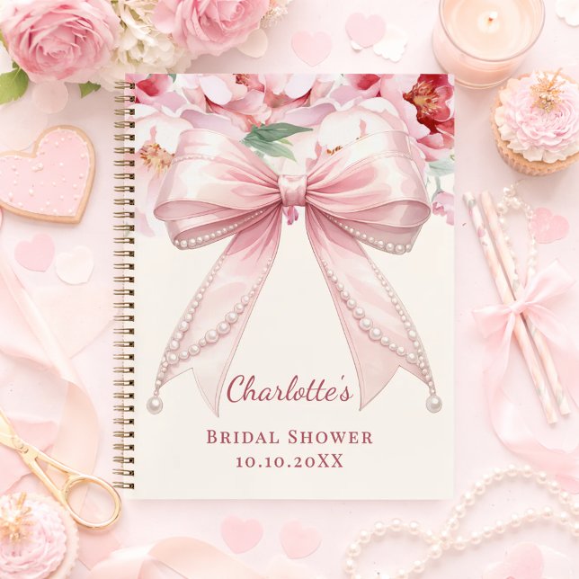 Cuaderno Guest book Bridal Shower pink bow florals pearls (Subido por el creador)