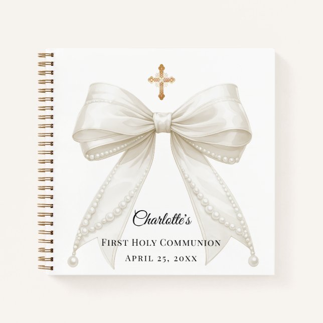 Cuaderno Guest book First Communion bow ivory white pearls (Anverso)