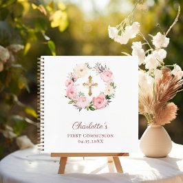 Cuaderno Guest book First Communion floral wreath pink