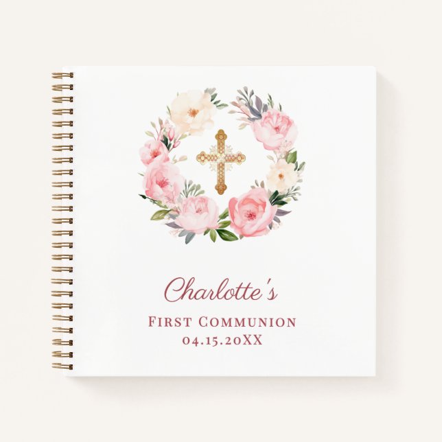 Cuaderno Guest book First Communion floral wreath pink (Anverso)