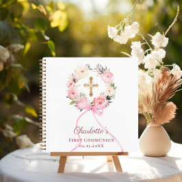 Cuaderno Guest book First Communion floral wreath pink bow