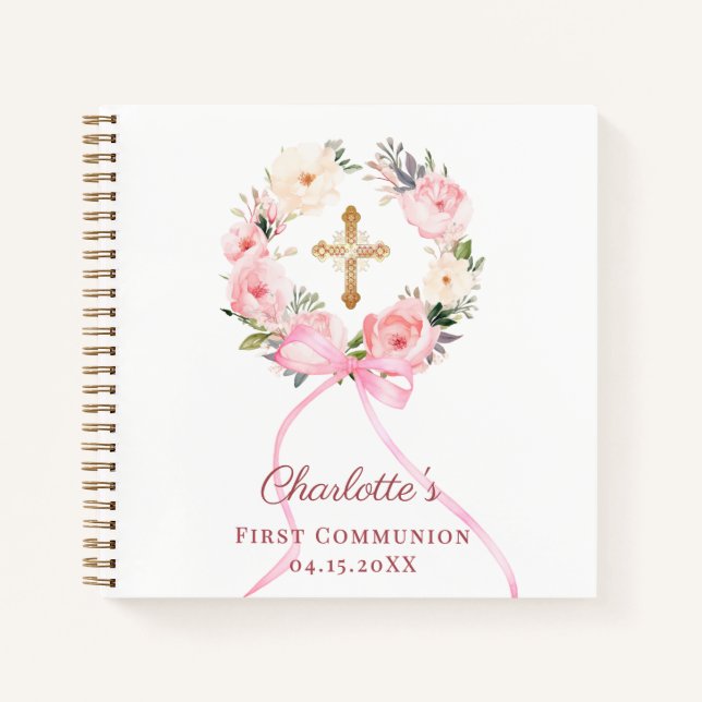 Cuaderno Guest book First Communion floral wreath pink bow (Anverso)