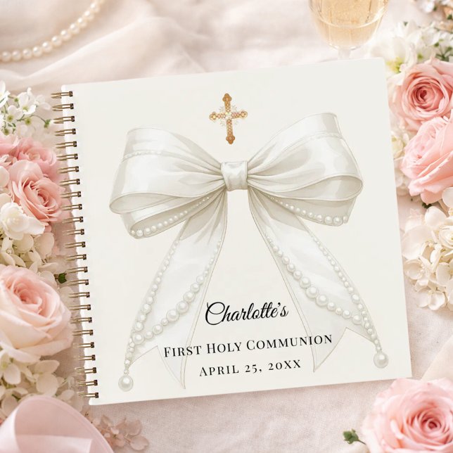Cuaderno Guest book First Communion ivory bow pearls (Subido por el creador)