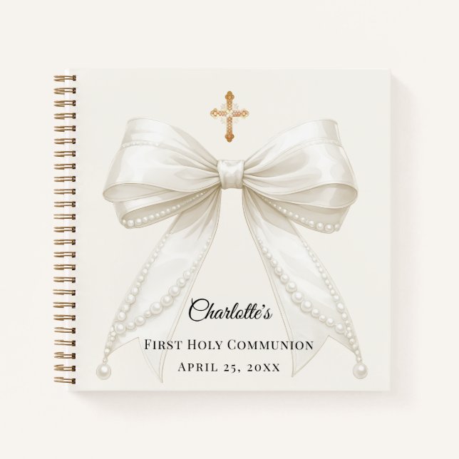 Cuaderno Guest book First Communion ivory bow pearls (Anverso)