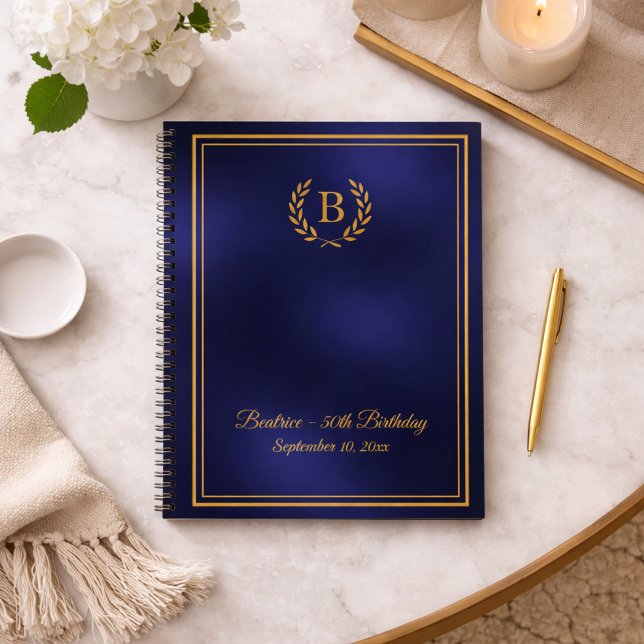 Cuaderno Guest Book navy blue gold Monogram wreath Birthday (Subido por el creador)