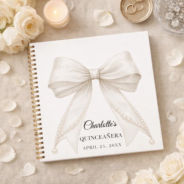 Cuaderno Guest book Quinceanera bow ivory white pearls (Subido por el creador)
