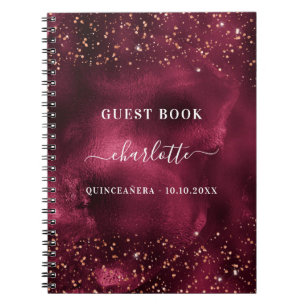 Cuaderno Guest book Quinceanera burgundy rose gold glitter