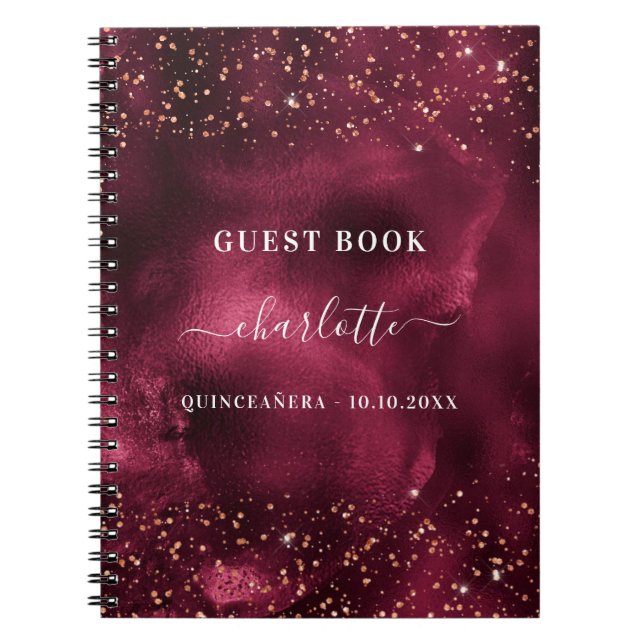 Cuaderno Guest book Quinceanera burgundy rose gold glitter (Frente)