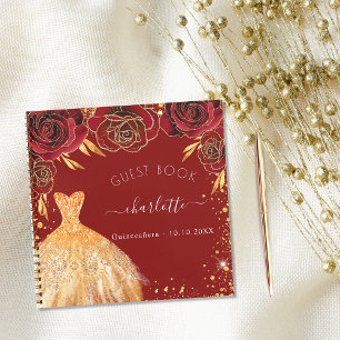 Cuaderno Guest book Quinceanera red gold glitter dress
