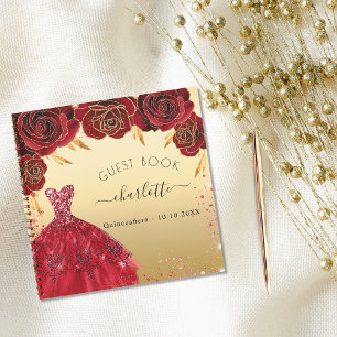 Cuaderno Guest book Quinceanera red gold glitter dress 