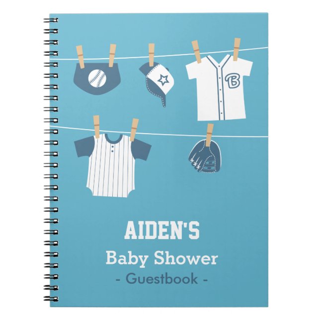 Cuaderno Guestbook azul de la ducha del bebé del béisbol (Frente)