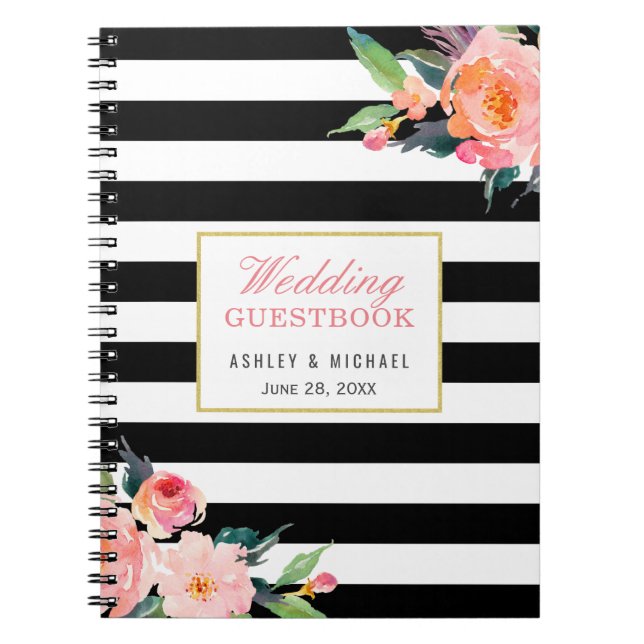 Cuaderno Guestbook floral de la boda de la raya blanca (Frente)