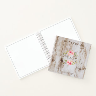 Cuaderno Guestbook Rústico Boda de Madera, Wreath Floral Ro