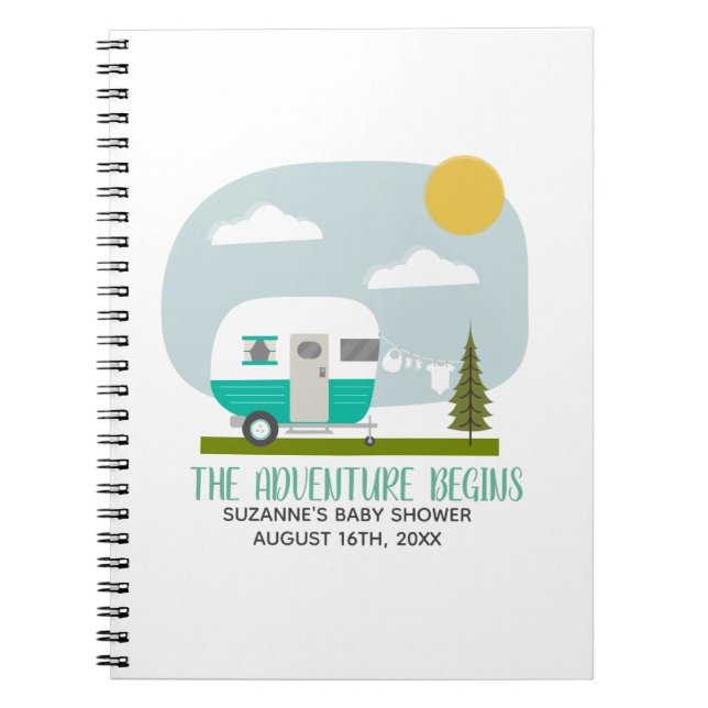 Cuaderno Guía Baby Shower de Adventure Turquoise Camper (Frente)