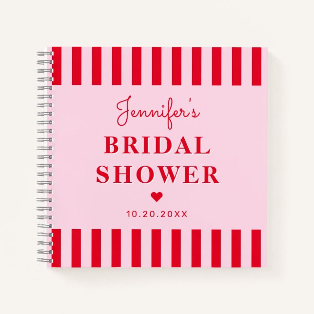 Cuaderno Guía Retro Red & Pink Stripes Bridal Shower (Anverso)