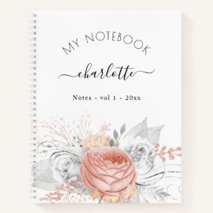 Cuaderno guión de nombre de follaje plateado floral de oro