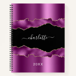 Cuaderno Guión de nombre de mármol de ágata negro púrpura