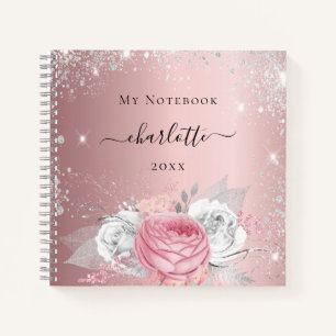 Cuaderno Guión de nombre del purpurina plateado floral rosa