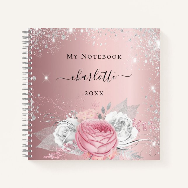 Cuaderno Guión de nombre del purpurina plateado floral rosa (Anverso)