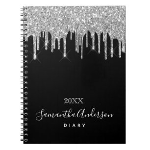 Cuaderno Guión del nombre del purpurina de plata negra diar