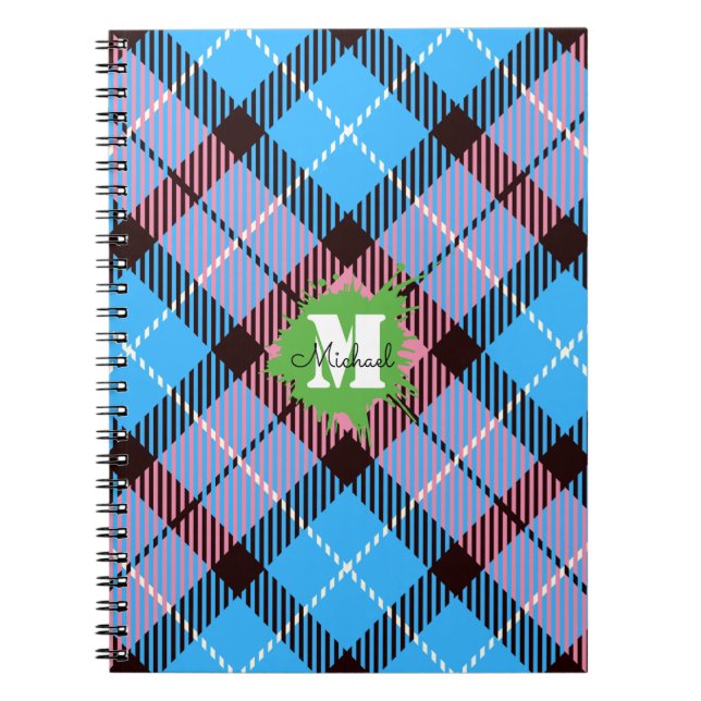 Cuaderno Guión monograma del Personalizado de Tartán azul r (Frente)