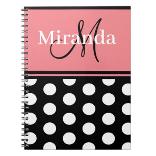 Cuaderno Guión monograma puntos de Polka blanco rosado negr