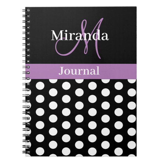 Cuaderno Guiones de monograma morado blanco negro puntos de (Frente)