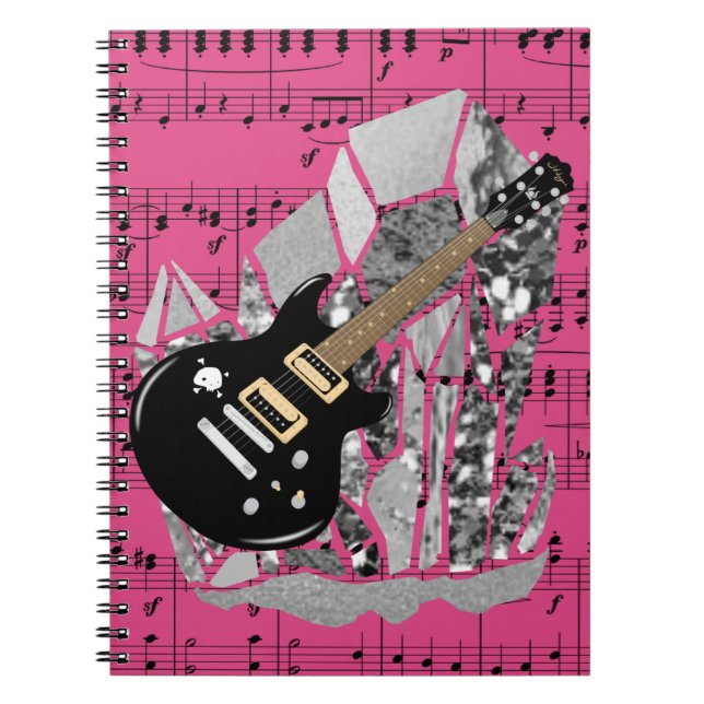Cuaderno Guitarra negra Hoja rosa Música Plata Crystal (Frente)