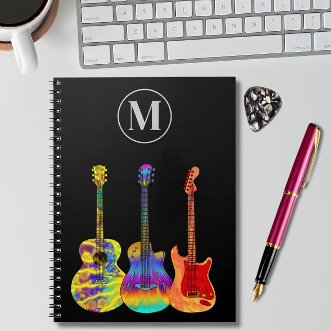Cuaderno Guitarras acústicas eléctricas coloridas personali (Funky colorful guitars o black custom monogram initial notebook for songwriting guitarist musicians)