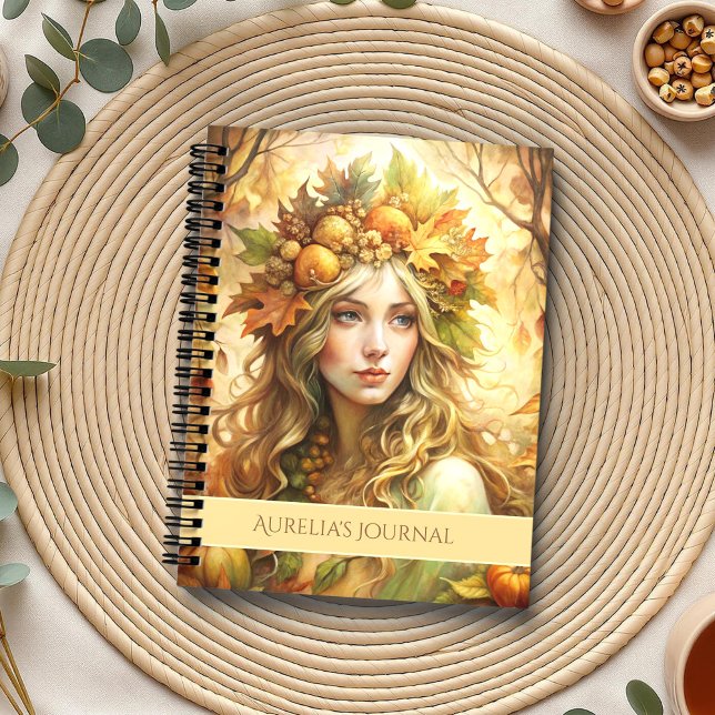 Cuaderno Hada boscosa de otoño encantada (Enchanted Autumn Forest Fairy Notebook on a boho table with botanicals and a cup of tea.)