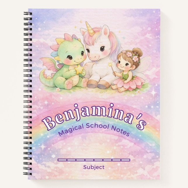 Cuaderno Hada de dragón de unicornio arcoíris fantasía niña (Anverso)