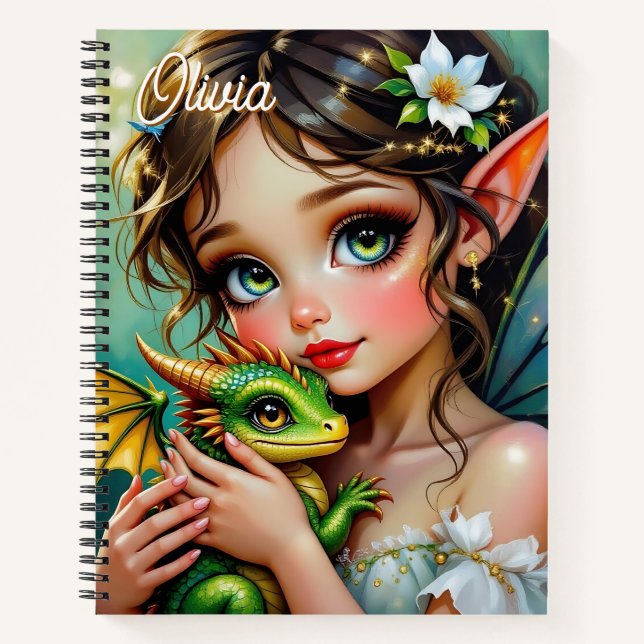 Cuaderno Hada Elfa Bonita y Dragón Personalizados (Anverso)