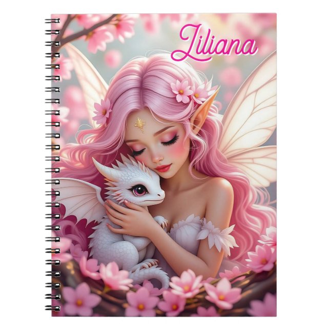 Cuaderno Hada Elfa Rosa Bonita & Dragón Personalizado (Frente)