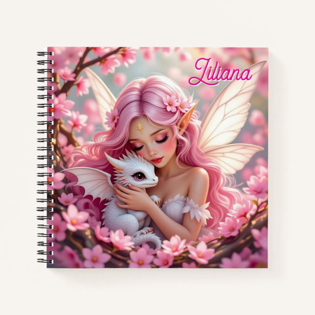 Cuaderno Hada Elfa Rosa Bonita y Dragón Personalizado (Anverso)