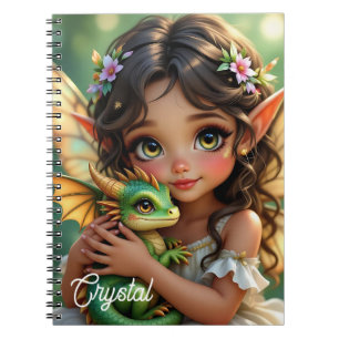 Cuaderno Hada Élfica de Ojos Marrones y Dragón Personalizad