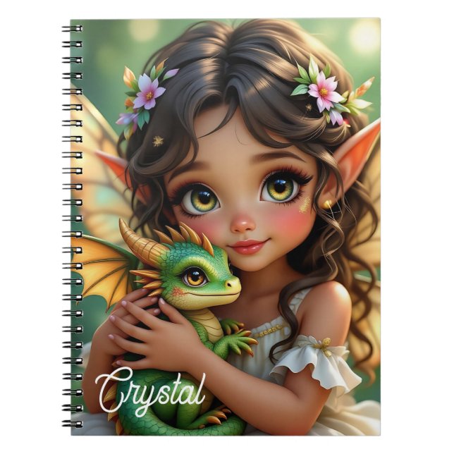Cuaderno Hada Élfica de Ojos Marrones y Dragón Personalizad (Frente)