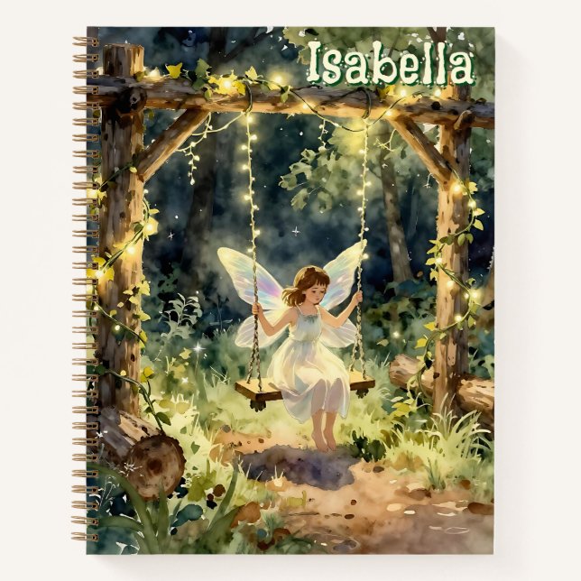 Cuaderno Hada encantada en un columpio en un bosque mágico (Anverso)