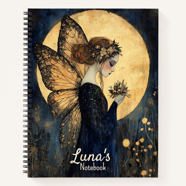 Cuaderno Hada nocturna mágica personalizada con luna de oro (Anverso)