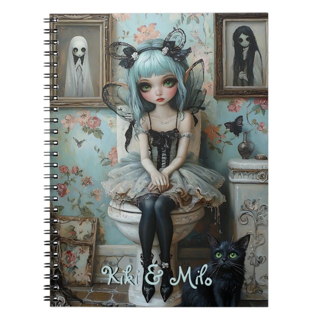 Cuaderno Hadas y gato góticos en el baño personalizado (Frente)