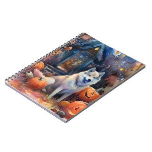 Cuaderno Halloween Alaskan Malamute con calabazas aterrador